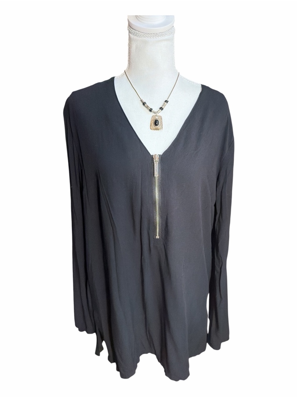 Michael Kors Black V-Neck Long Sleeve Top with Front Zip